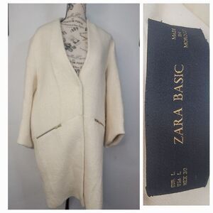 Zara Basic Overacoat Womens Large Wool Blend Snap Front Long Winter Coat ECRU
